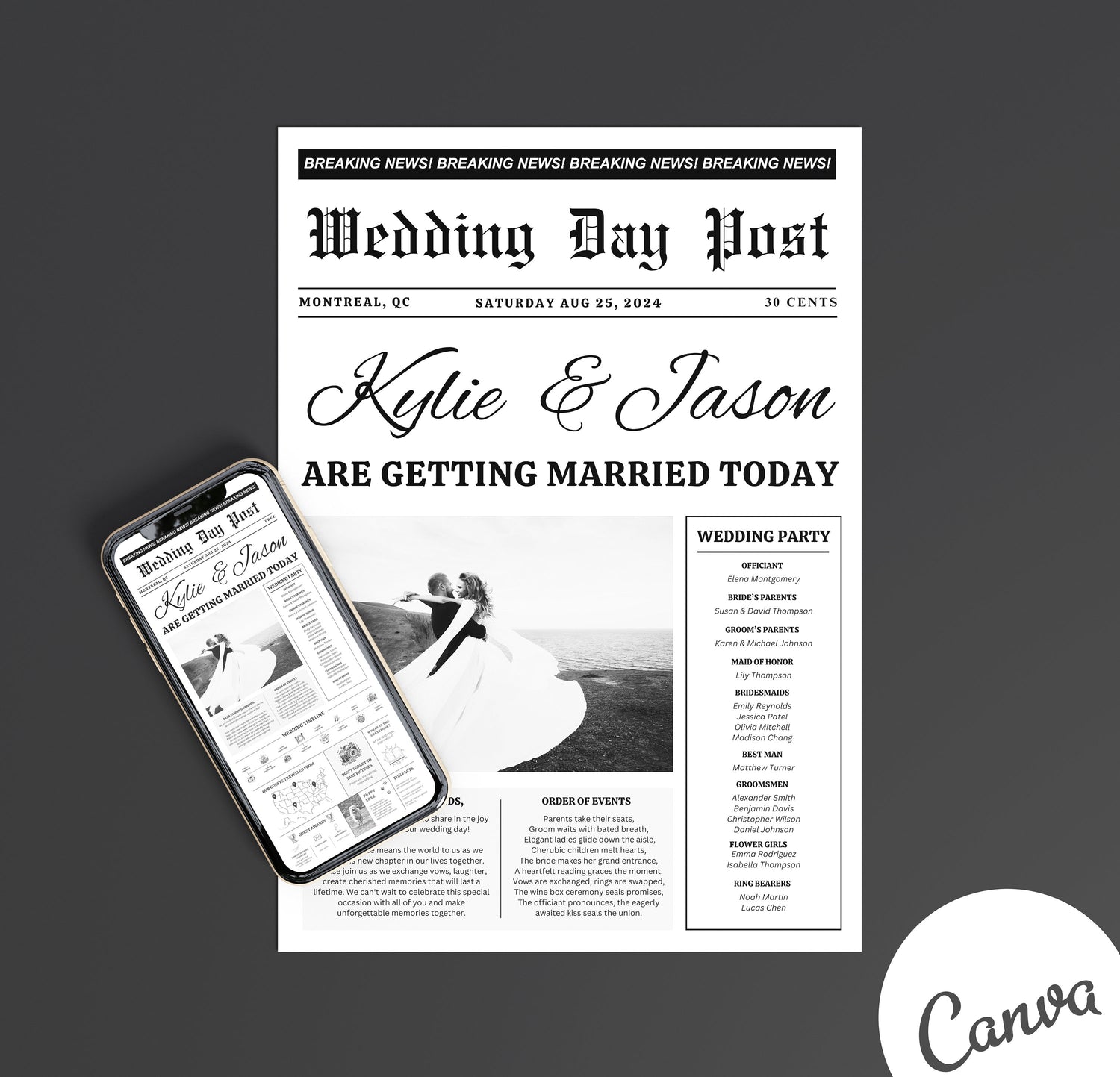 Canva Wedding Newspaper Template, Editable Newspaper Wedding Program, Folded Large Wedding Newspaper, Folded Large Wedding Day Newspaper