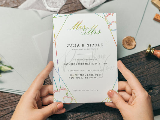 Mrs. & Mrs. Lesbian Wedding Invitations instantly downloadable PDF template editable featuring vibrant LGBT pride colors and heart motifs.