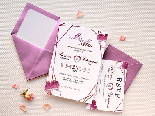 Lesbian wedding invitation,Mrs and Mrs editable and printable template with Lesbian Flag Color, attached RSVP card using Lesbian Flag color.
