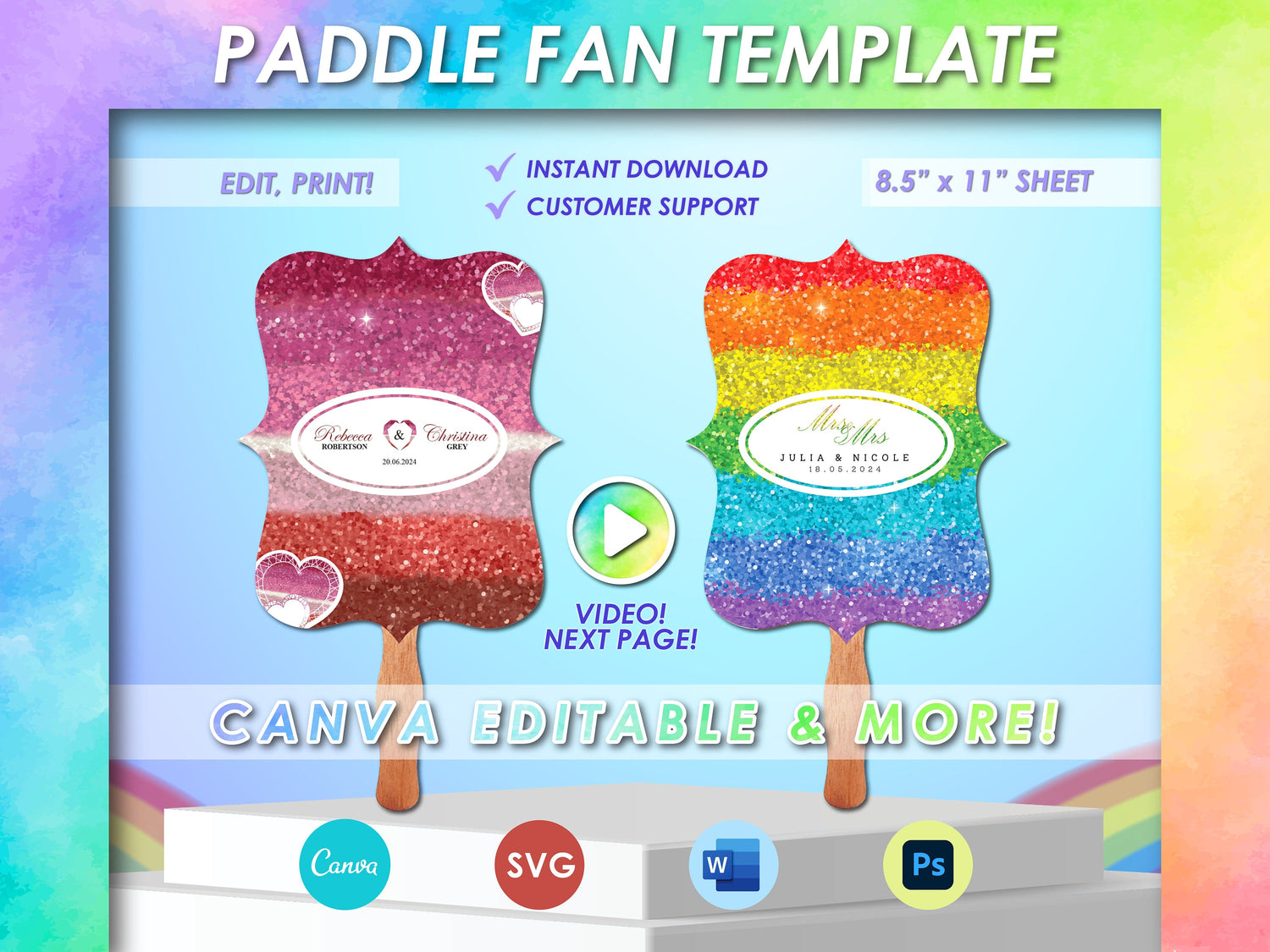 Prideful flag paddle, Perfect for gay/lesbian wedding, Editable paddle fan with Canva, Instant Download paddle template, Customizable